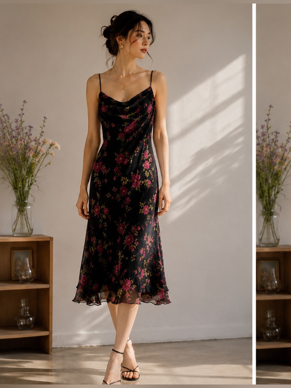 Y2K FIORI di Zucca Black Floral 100% Silk Slip Dress
